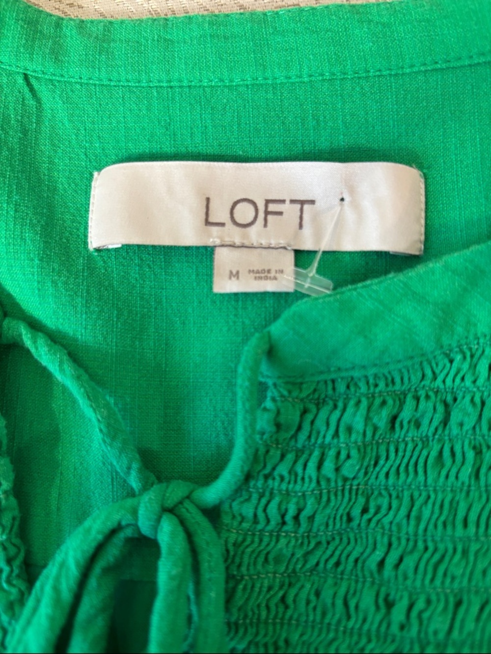 LOFT Green Smocked Yoke Tie-Front Flutter Sleeve Top 0247 - Picture 7 of 9